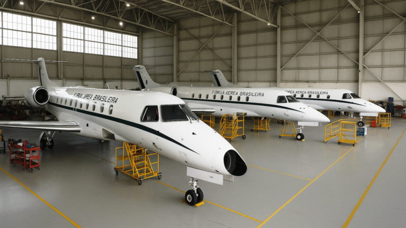 Três aviões da Força Aérea Brasileira parados em hangar para manutenção, representando a crise na frota disponível